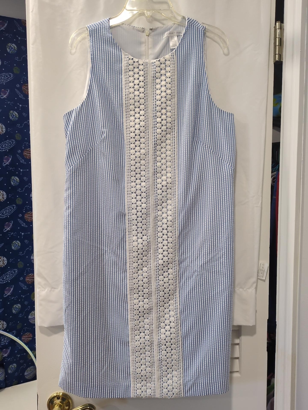 London Times Womens 8 Blue White Stripe Eyelet Shift Dress